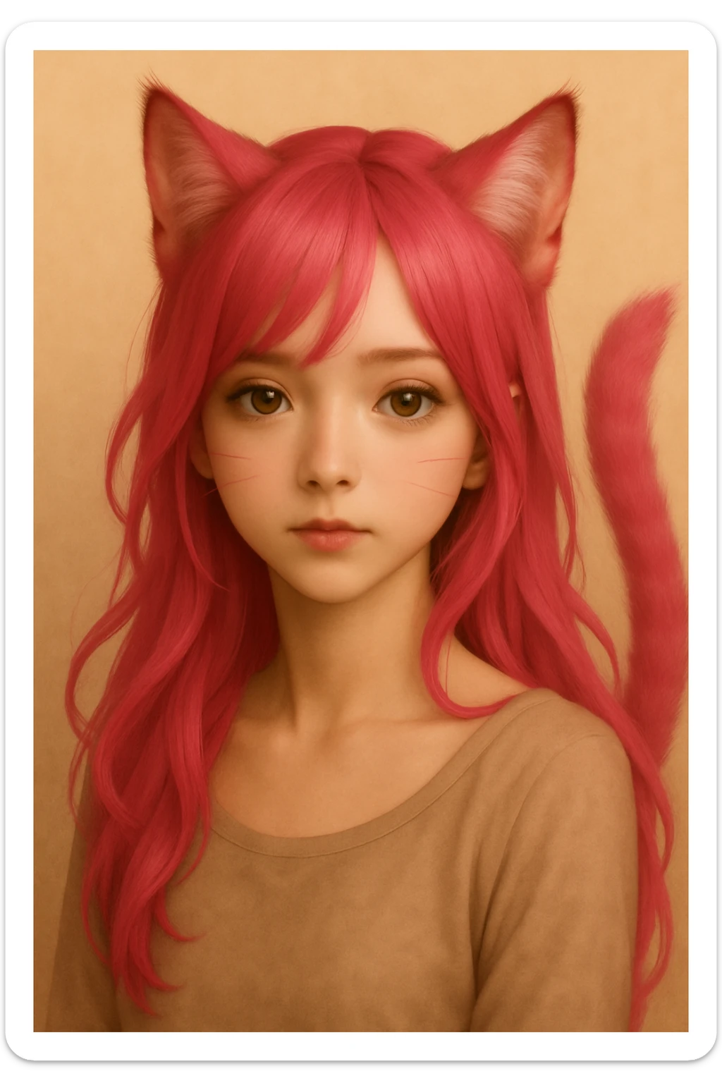 Give the hair vivid pink color, keeping the realistic anime style and pronounced cat-like features, maintaining the original style. sticker