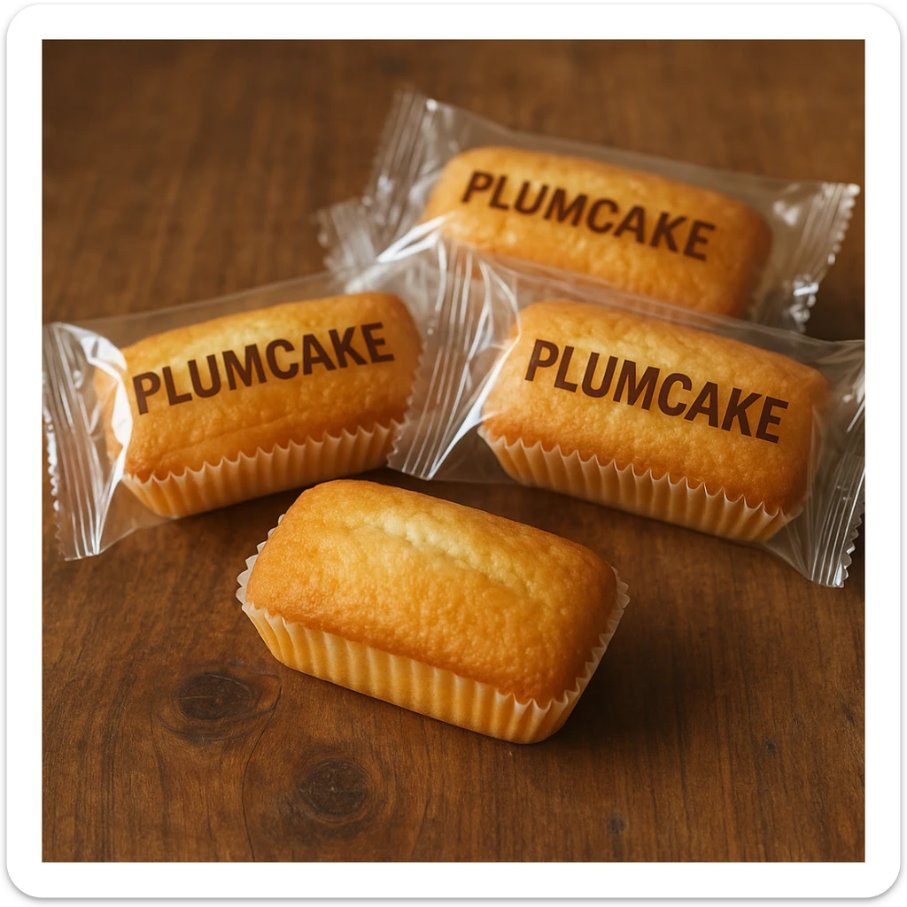 realistic photo of Italian plumcake snacks, plumcake in transparent packaging sticker