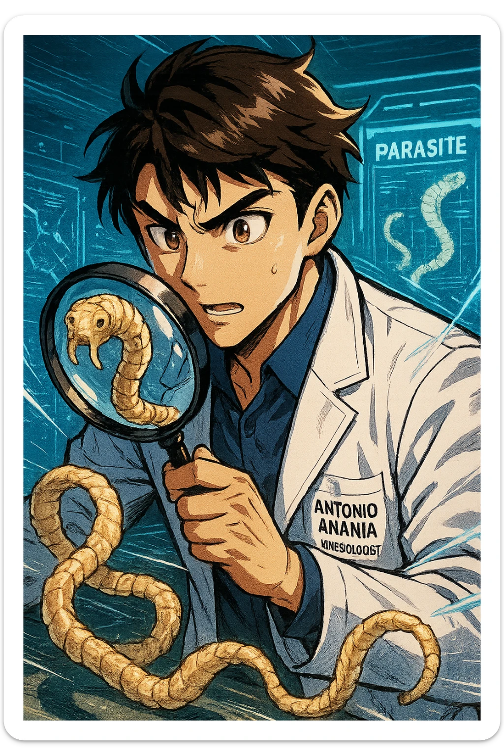A dynamic manga/webtoon-style illustration of a young male kinesiologist wearing a clean white lab coat, analyzing light beige worms like a tapeworm under a magnifying glass. His expression is focused and slightly intrigued, with sharp, detailed eyes. The art style is vibrant, with bold linework, rich colors, and dramatic lighting. The background is a futuristic laboratory with glowing holographic screens displaying parasite data. The tapeworm is intricately drawn, slimy and segmented, with a slightly exaggerated yet realistic texture. The composition is dynamic, with motion lines or energy effects to emphasize his scientific investigation. The atmosphere is intense but not dark, keeping a balance between scientific seriousness and stylish manga aesthetics, he has "ANTONIO ANANIA" WRITTEN ON WHITE LAB COAT sticker