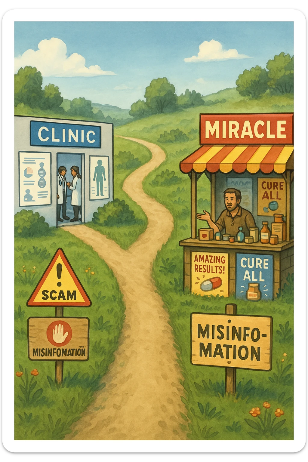 two paths diverge—one leads to a trustworthy clinic with doctors and scientific posters, the other to a shady stand selling “miracle” medicines with exaggerated claims. Signs along the second path warn of scams and misinformation. The scene encourages viewers to choose reliable, science-based healthcare. sticker
