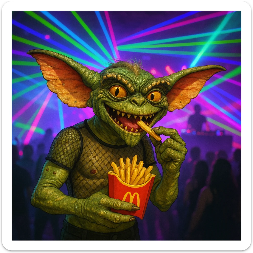 A cheeky gremlin at a rave, see-through top, eating McDonald's fries, laser lights and DJ booth in the background sticker