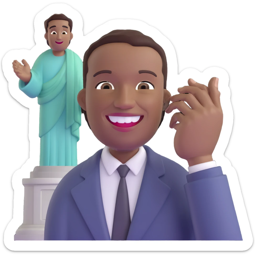 smiling black man with big teeth, standard male haircut, oval face, with Christ the Redeemer statue in the background, Rio de Janeiro, no glasses sticker
