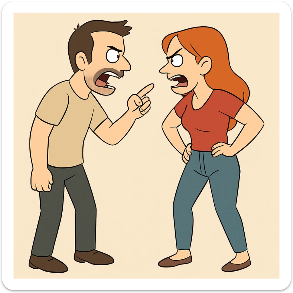 Show the full bodies of the man and woman arguing in this image, keeping the same flat toon style and bold colors. sticker