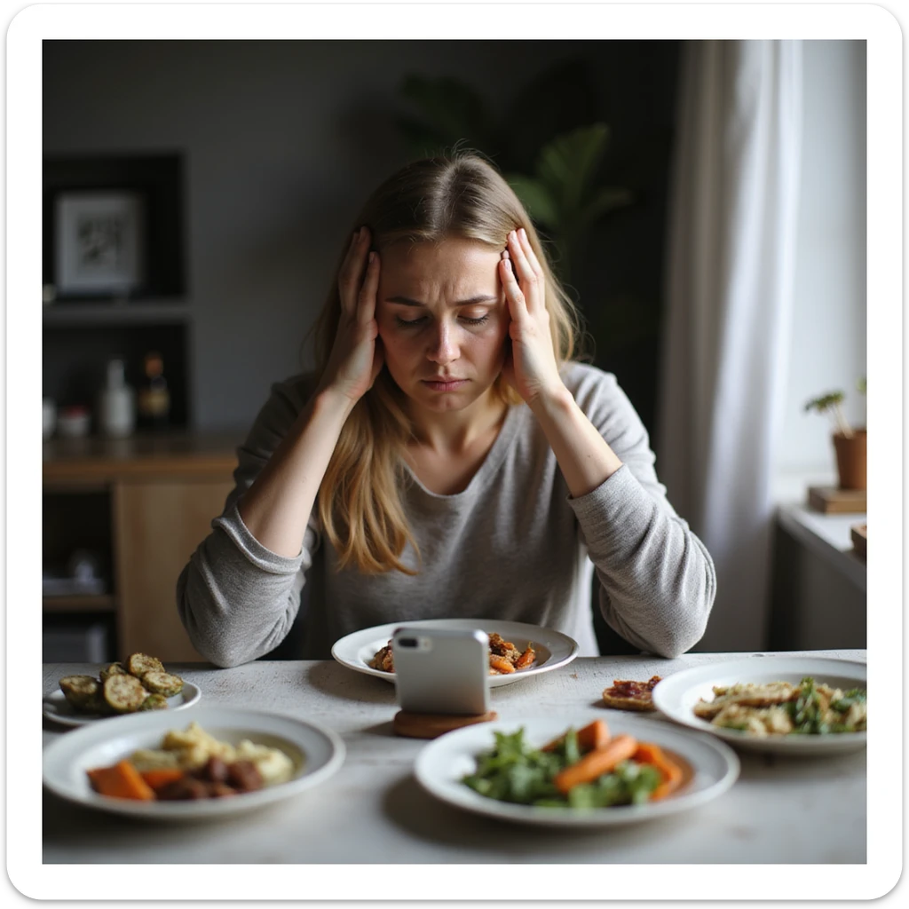 adult woman, photorealistic, diet not working, unable to lose weight, sad expression, sitting at table with diet plates, counting calories on an app, atmosphere of frustration, natural light, kitchen background sticker