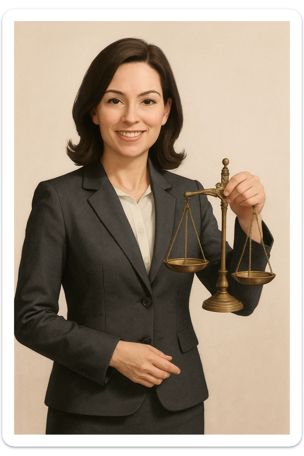 lawyer woman, standing with scales of justice, business suit, smiling, minimal background sticker
