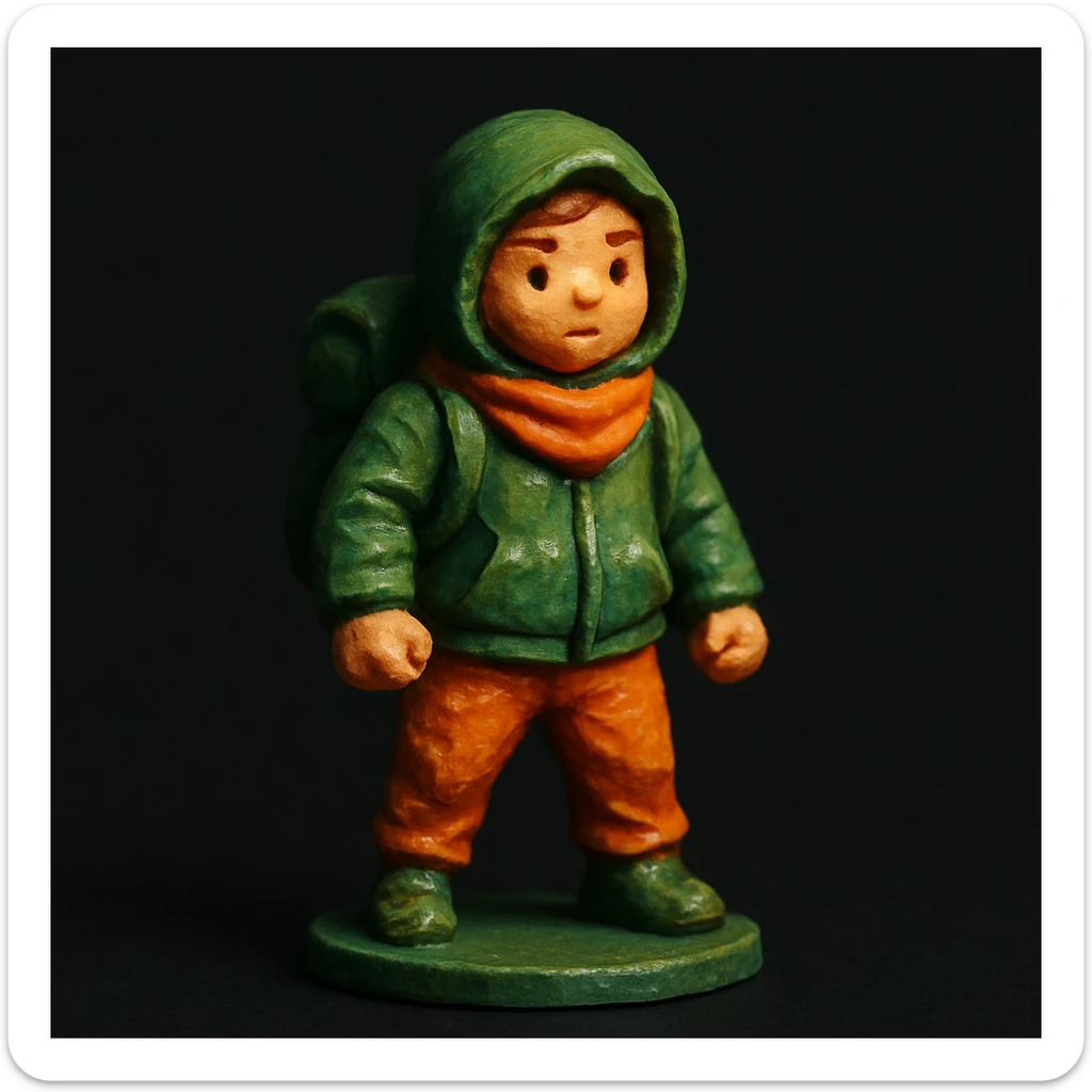 miniature of a person, green and orange colors, black background, digital style sticker