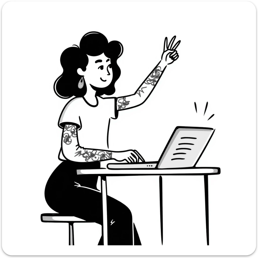 Cool female rockstar musician with arm tattoos and alternative hairstyle, sitting at desk with laptop, raising hand in class, smiling confidently sticker
