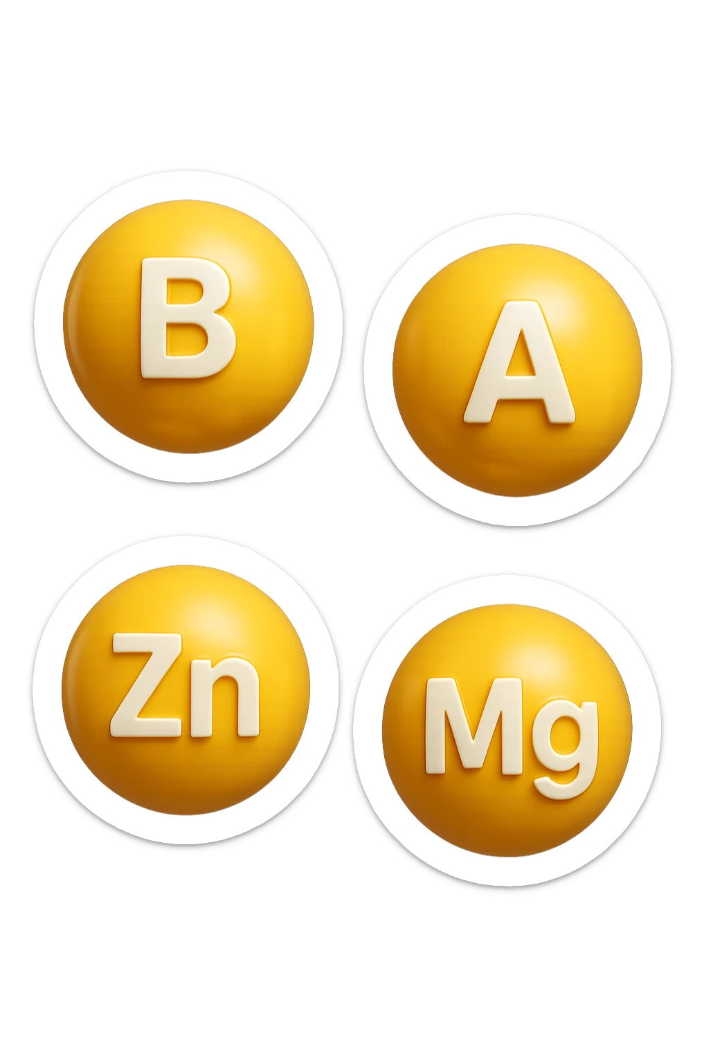 emoji stile iphone in 3d di vitamina B, vitamina A, zinco, magnesio fluttuano in aria, iperrealistico 4k sticker