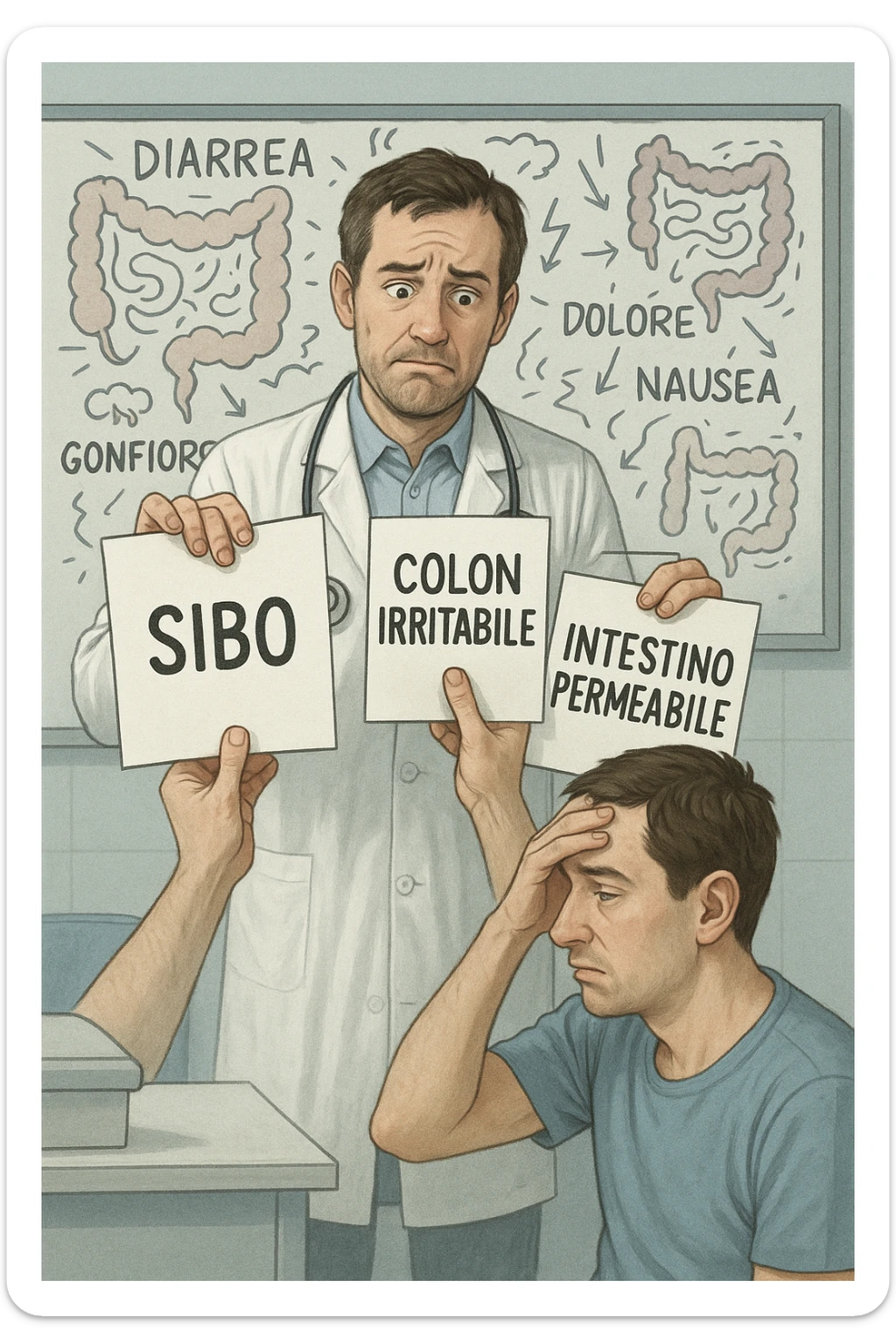Scena clinica con un medico confuso in camice bianco davanti a un paziente seduto. Il medico ha tre fogli in mano, e li mostra uno alla volta con espressione incerta: il primo dice 'SIBO', il secondo 'Colon Irritabile', il terzo 'Intestino Permeabile'. Il paziente ha un’espressione confusa e scoraggiata, con una mano sulla fronte. Sullo sfondo una lavagna caotica con disegni di intestino e sintomi ovunque. Stile realistico con tocchi ironici, toni freddi da ambulatorio ma con un messaggio visivo forte di incertezza diagnostica. in italiano sticker