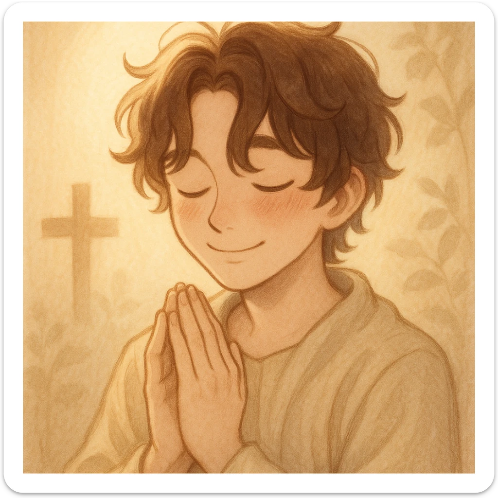 boykisser character praying, eyes closed, smiling, focus on gentle and peaceful expression sticker