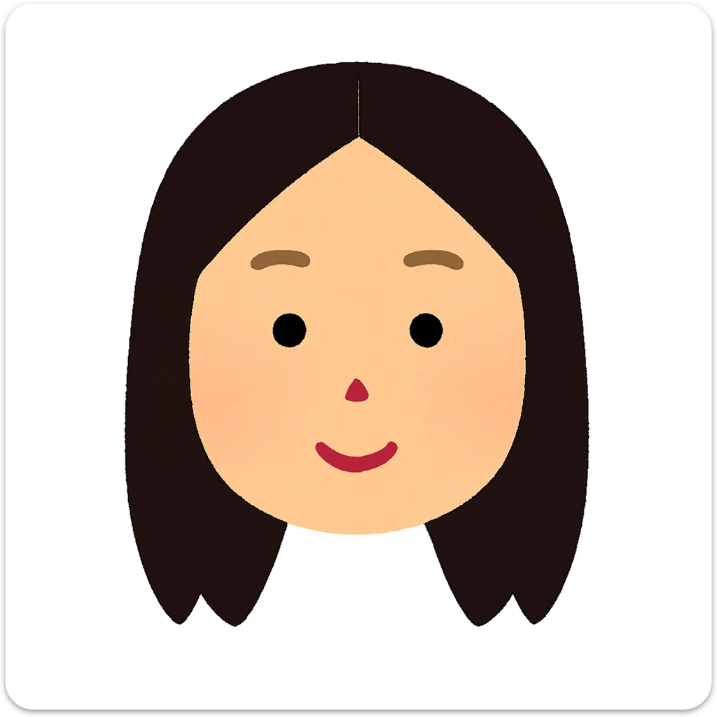 Edit the face and hair to match the reference images: straight, dark brown hair split in the middle, same length and style as the reference, in Irasutoya style. Only the face should be visible, no neck or body. sticker