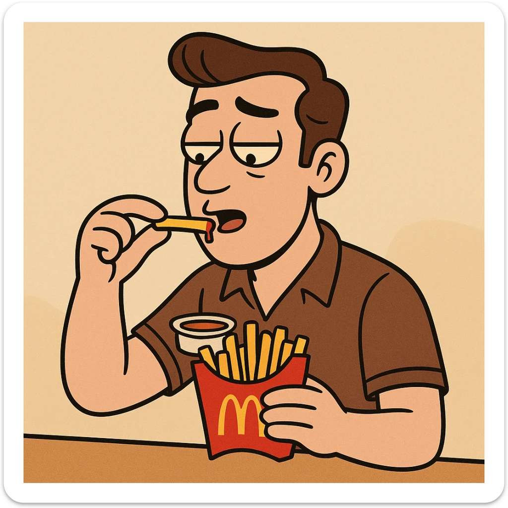 Side oil head brown shirt beige shirts  eating mcdonalds fries some sauce sticker