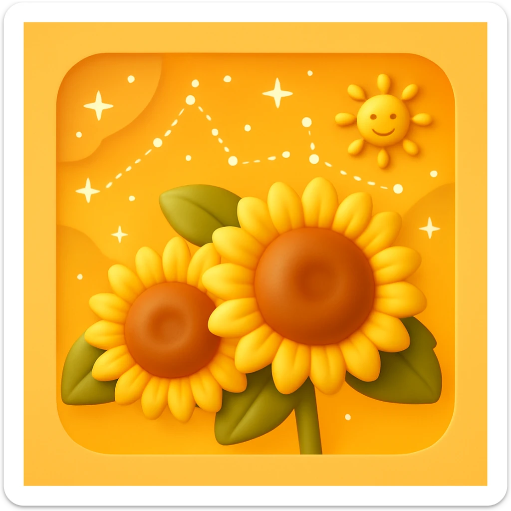 3D iOS style emoji of two sunflowers with a sun and stars in the background, mimicking the colors and composition of the reference image. sticker