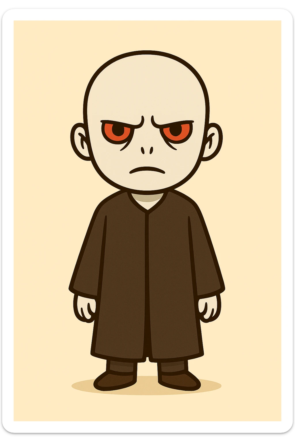 Full body illustration of Voldemort in a cute, cartoon, and simplified style similar to the provided examples. Very pale skin, no nose, striking eyes, long black robe, serious expression, with bold black lines and soft colors. sticker