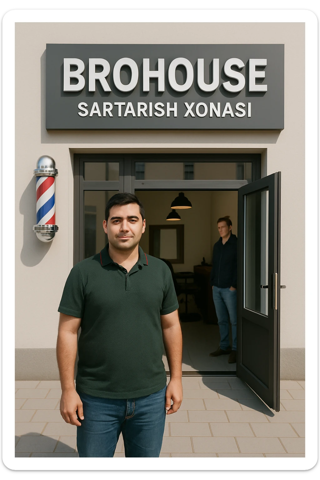 eni shu rasimga manashu odamga uxhshasin sartaosh eshik oldida tursin va tashqarida esa mijoz sticker