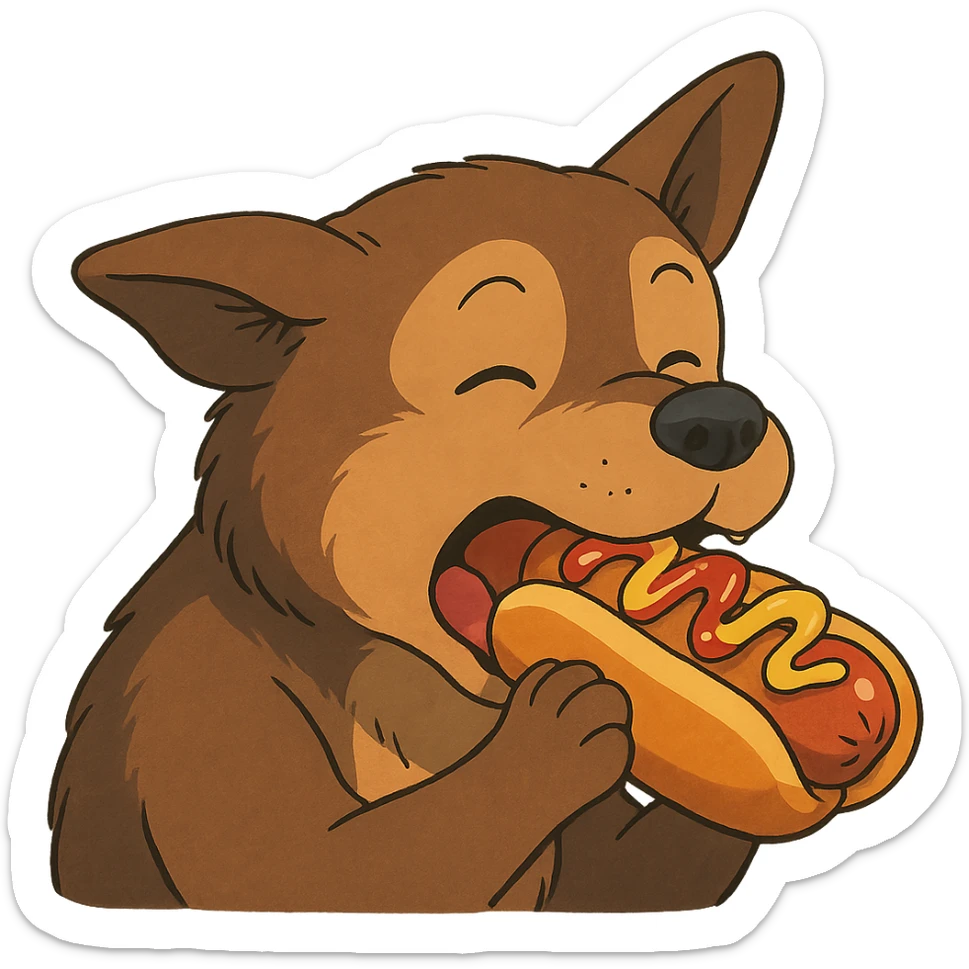 dog eating a sussy hot dog in ghibli style sticker