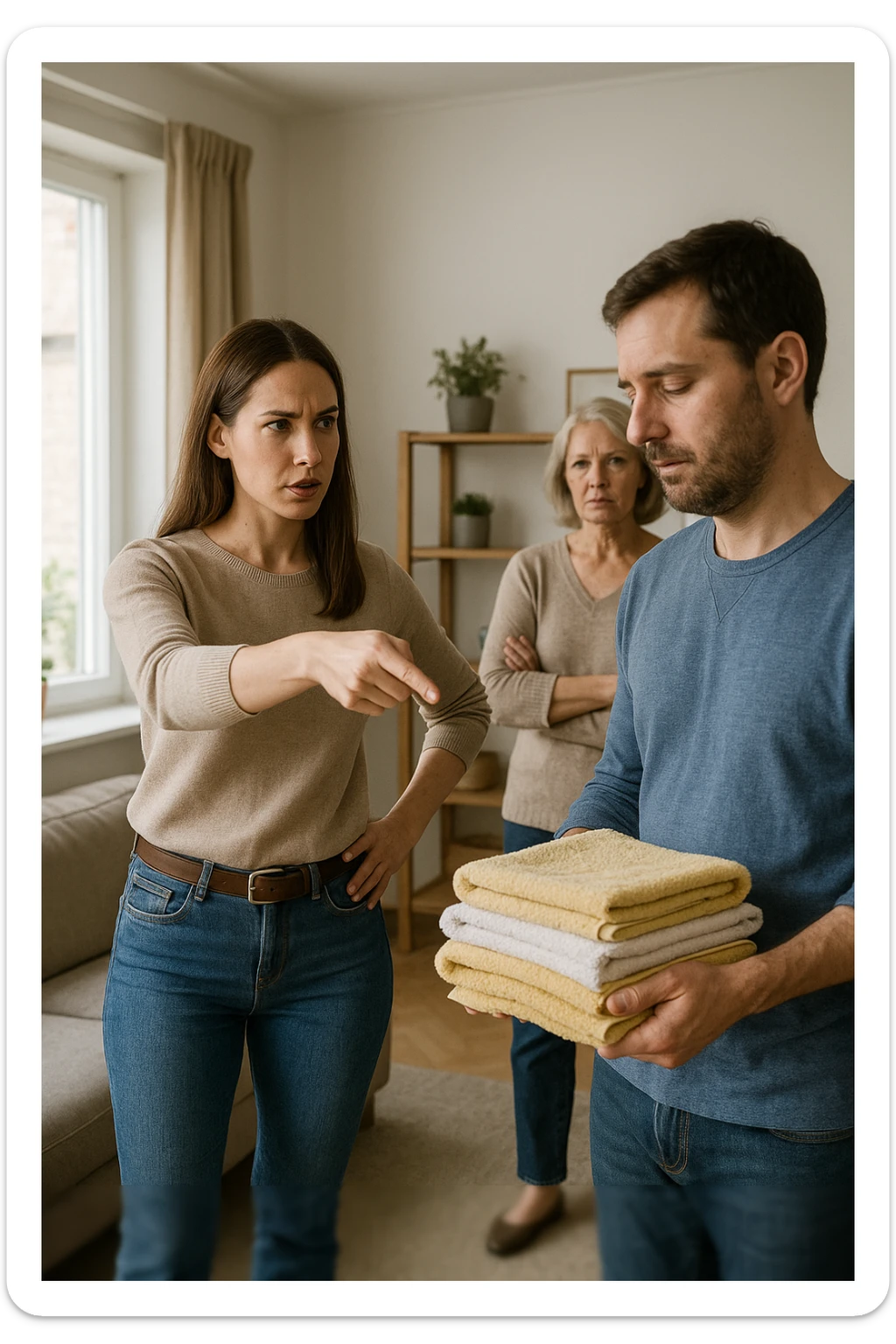 a woman stands assertively in the center of a living room, giving clear instructions to her partner. The man, with a submissive and resigned expression, follows her directions, perhaps holding household items or performing a chore. Behind them, an older woman (the mother-in-law) stands with crossed arms and a disapproving look, watching the scene unfold. The lighting is natural, and the atmosphere is tense but realistic. sticker