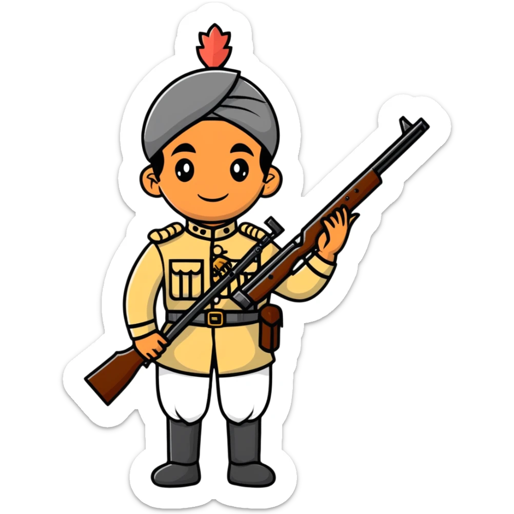 historical sepoy Indian soldier in 19th century military uniform with rifle sticker