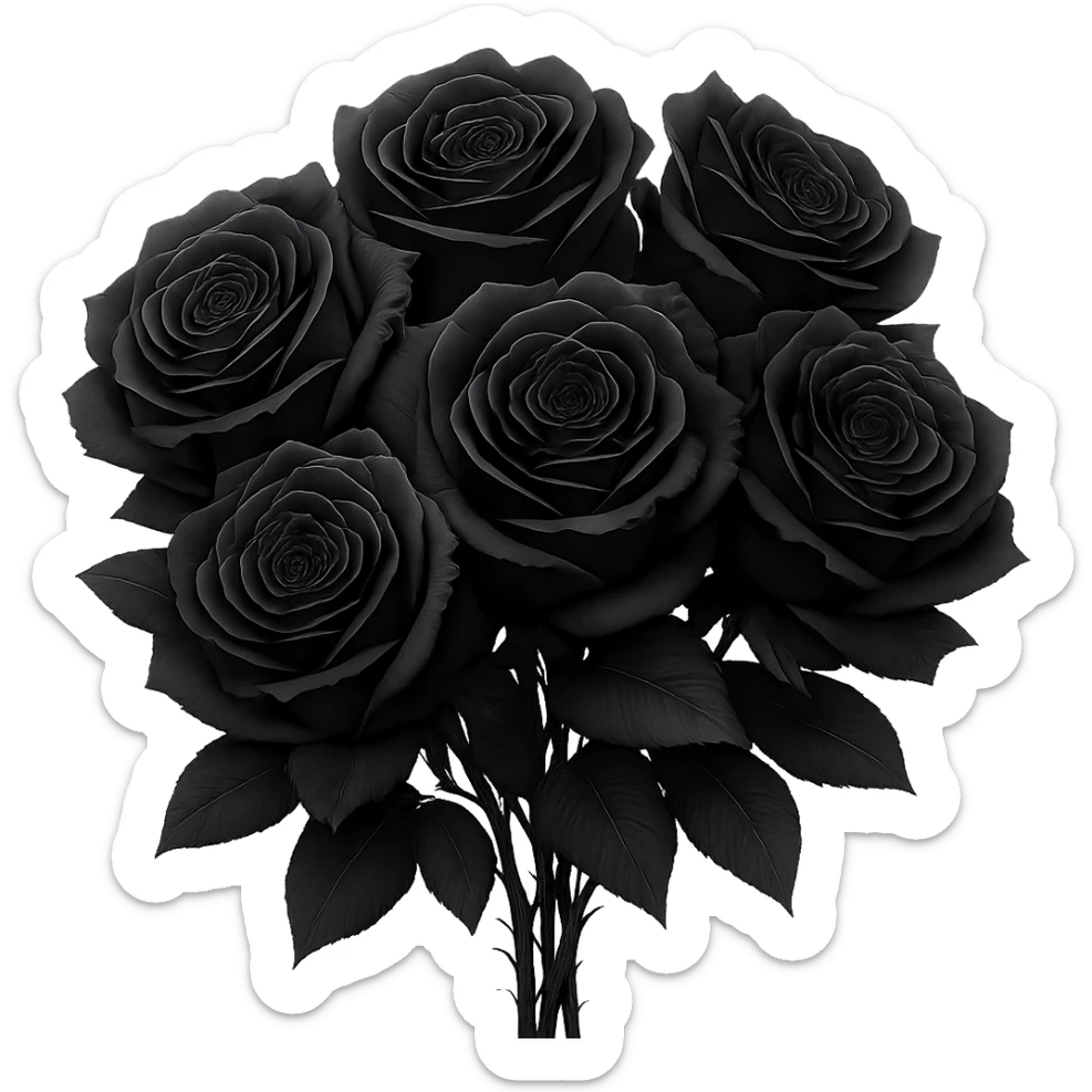 Create a bouquet of black roses with detailed petals in a gothic aesthetic, with no background. The bouquet should emphasize the intricate details of the petals and maintain a dark, gothic vibe. sticker