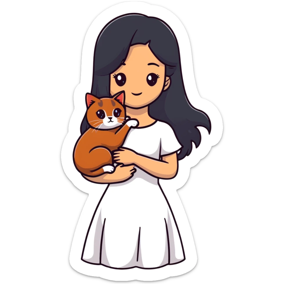 beautiful girl with long black hair wearing a white dress holding an Abyssinian cat with reddish-brown fur in her arms sticker