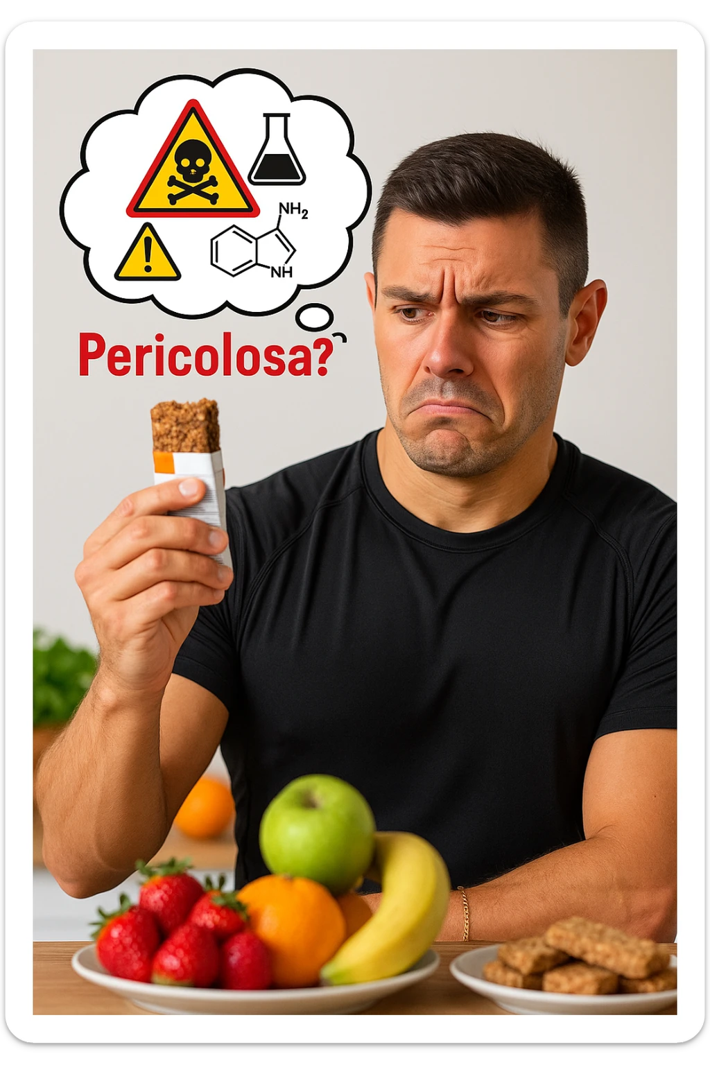 un uomo in abbigliamento sportivo tiene in mano una barretta proteica, osservandola con un’espressione scettica e preoccupata. Sopra la barretta, una nuvoletta di pensiero mostra simboli di allarme, ingredienti chimici e la scritta “Pericolosa?” in rosso. Sullo sfondo, frutta fresca e altri snack naturali sono visibili sul tavolo, sottolineando la sua preferenza per alternative più sane. sticker