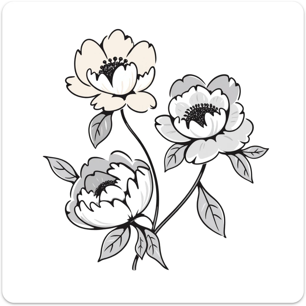 peony flowers with lush petals and leaves in pastel colors dd9fb0 ffc6d3 a3bfc9 c4bee2 f1b091, hand-drawn doodle style sticker
