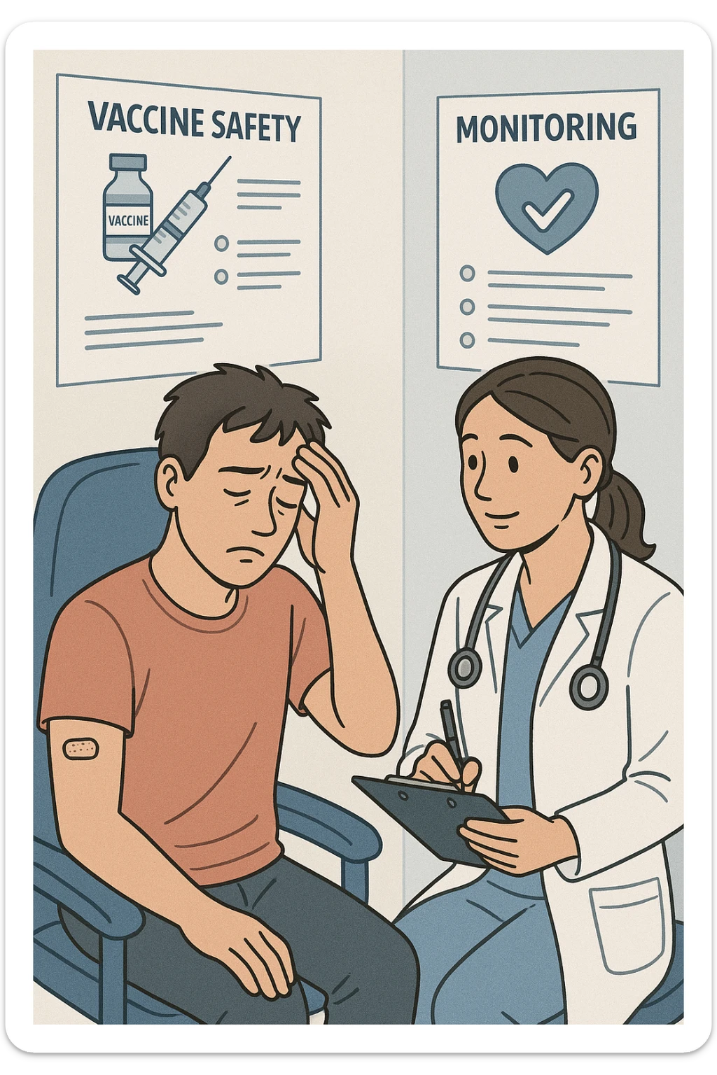 Vertical, educational medical illustration: a healthcare professional observes a patient who appears unwell after receiving a vaccine. The patient sits in a clinic chair, showing mild symptoms such as fatigue or headache, while the professional takes notes and offers reassurance. The background includes educational posters about vaccine safety and monitoring. sticker
