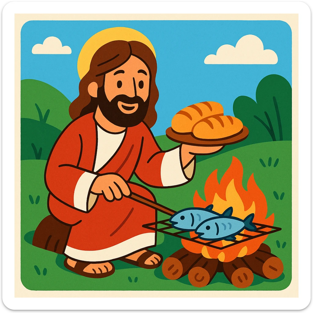 Jésus cuisinant du pain et des poissons sur un feu de camp, Jean 21, style cartoon doux, ambiance conviviale sticker