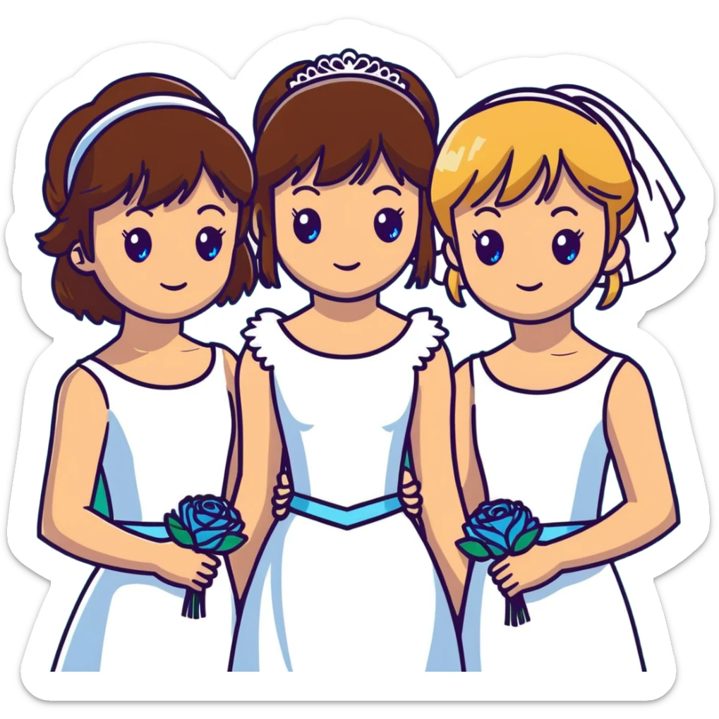 bachelorette party group of 4 girls, one with brown hair, blue eyes, fringe; two with brown hair; one bride with green eyes, blonde shoulder-length hair sticker