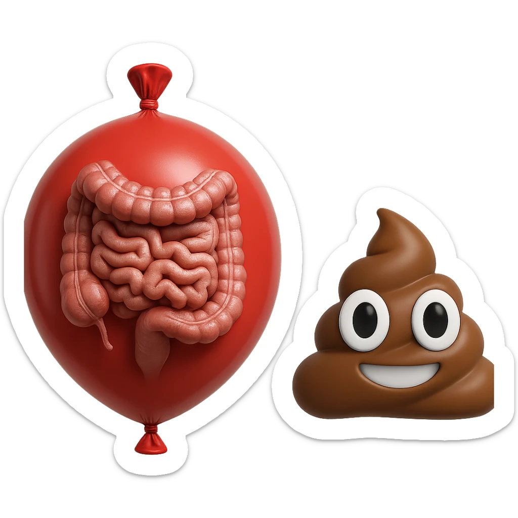 intestino umano anatomico chiuso in un palloncino rosso che simboleggia gonfiore, accanto un simbolo di cacca stile emoji iphoneche simboleggia "diarrea", iperrealistico 4k sticker