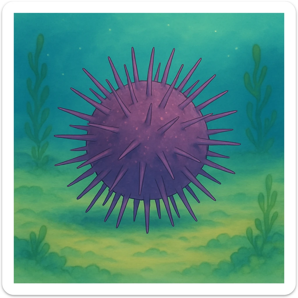 Another sea urchin in Ghibli style, underwater scene, round and spiky, with a hint of purple, no text. sticker