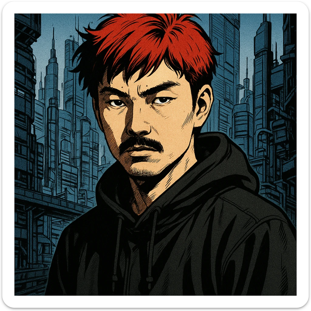 Asian man with black mustache, red hair, black hoodie, Ghost in the Shell manga style, futuristic city background, sharp shadows, high detail sticker