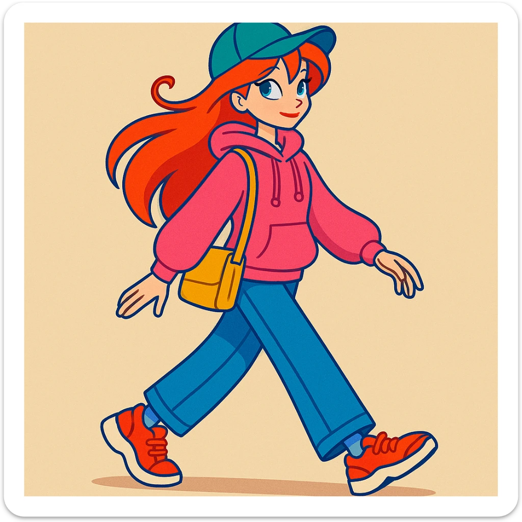 Bloom from Winx Club in casual clothes, walking, vibrant toon style, no spellcasting, fashionable streetwear, relaxed expression sticker