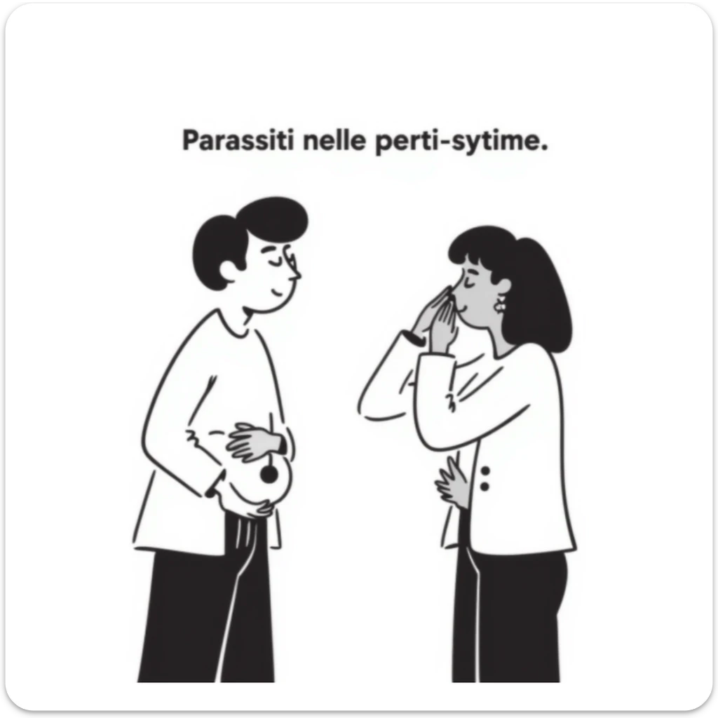 realistic and discreet medical illustration of a man and a woman with pained expressions, holding their intimate areas without explicit details, with the text 'Parassiti nelle parti intime' above in Italian, educational and respectful tone sticker