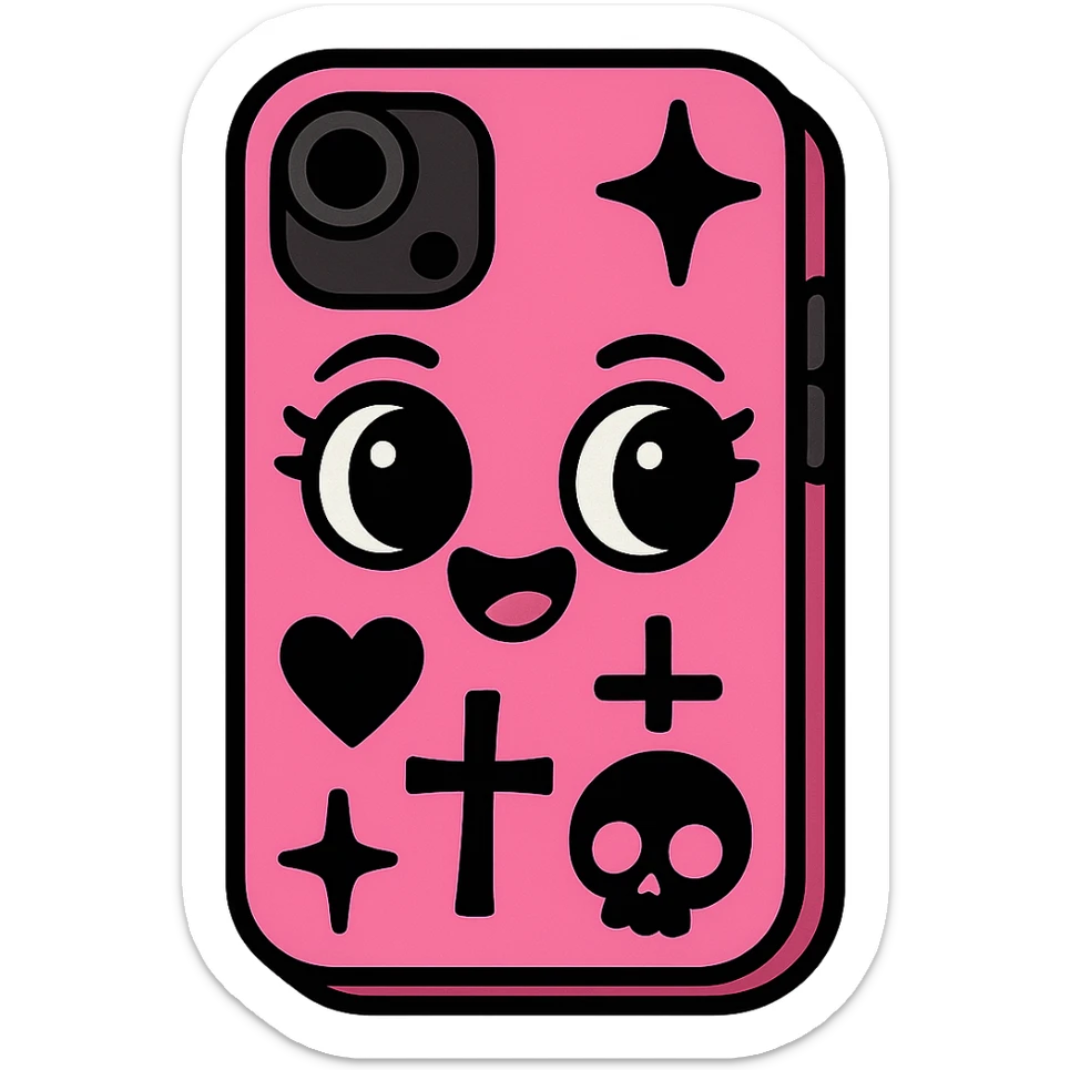 pink and black gothic phone case, big eyes, smiling, playful, cartoonish, gothic symbols sticker