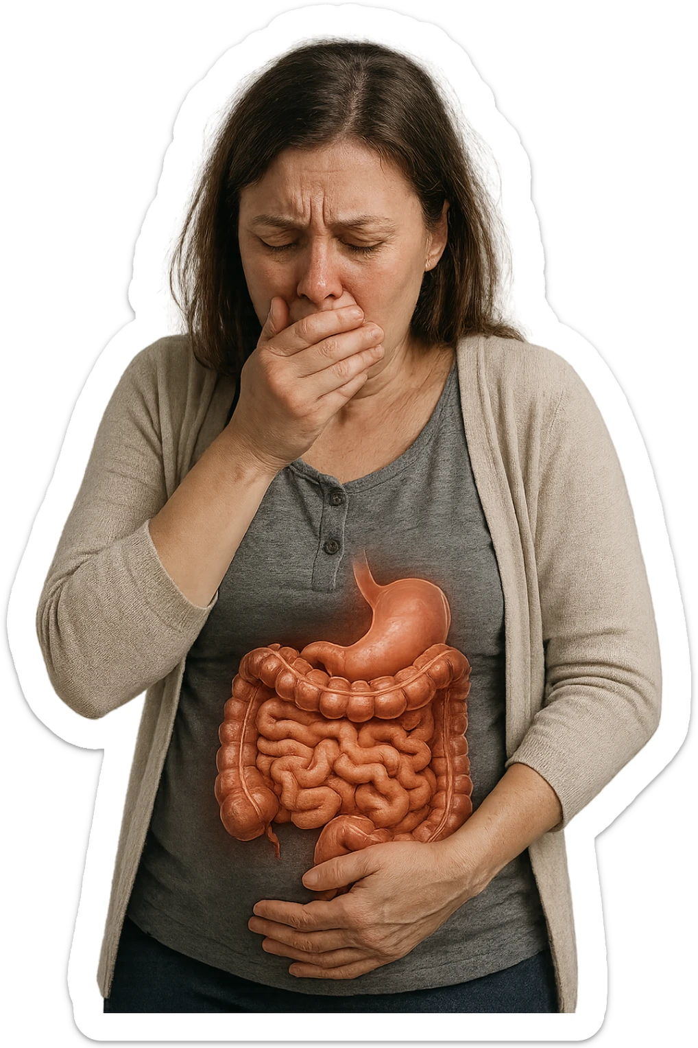 donna che ha post partum che soffre di nausea, intestino realistico in evidenza, iperrealistico, non disegnato sticker