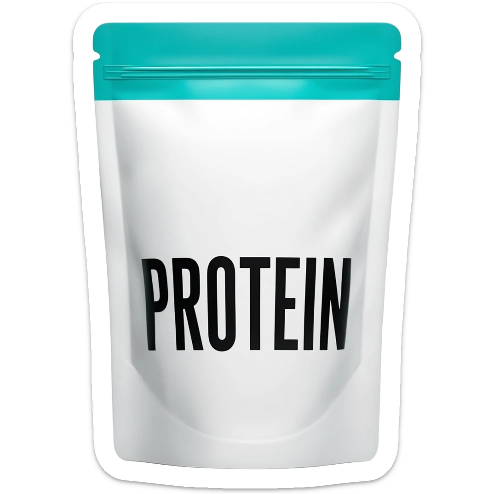 Minimalist studio shot of a white resealable protein pouch with a teal top, bold black text on the front, clean white background, soft lighting, high-resolution product photography. sticker