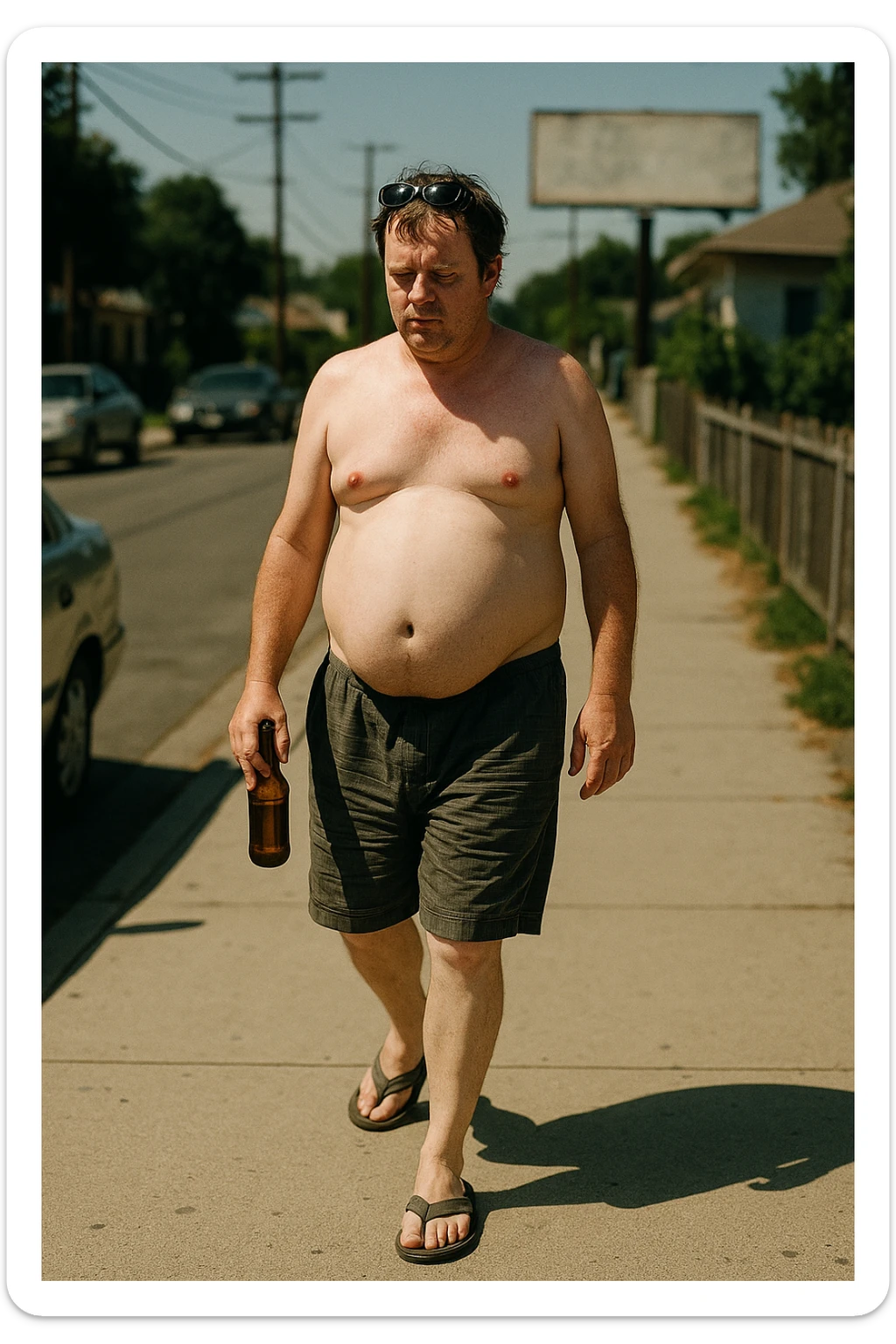 A cinematic daytime street photo of a shirtless man in his mid-40s walking slowly down a suburban sidewalk. He has a visible beer belly, pale skin slightly arrossata dal sole, and holds a brown glass bottle of beer loosely in his right hand. He wears baggy shorts and worn-out flip-flops, with messy hair and sunglasses on his head. His expression is indifferent, relaxed, almost detached. Around him, the street is quiet: parked cars, a low fence, and a faded billboard in the background. Lighting is high noon with strong shadows, emphasizing the roundness of his belly and the glint of the bottle. Style: 35mm film, high realism, slightly desaturated tones, shallow depth of field to focus on the subject’s body language and lifestyle sticker