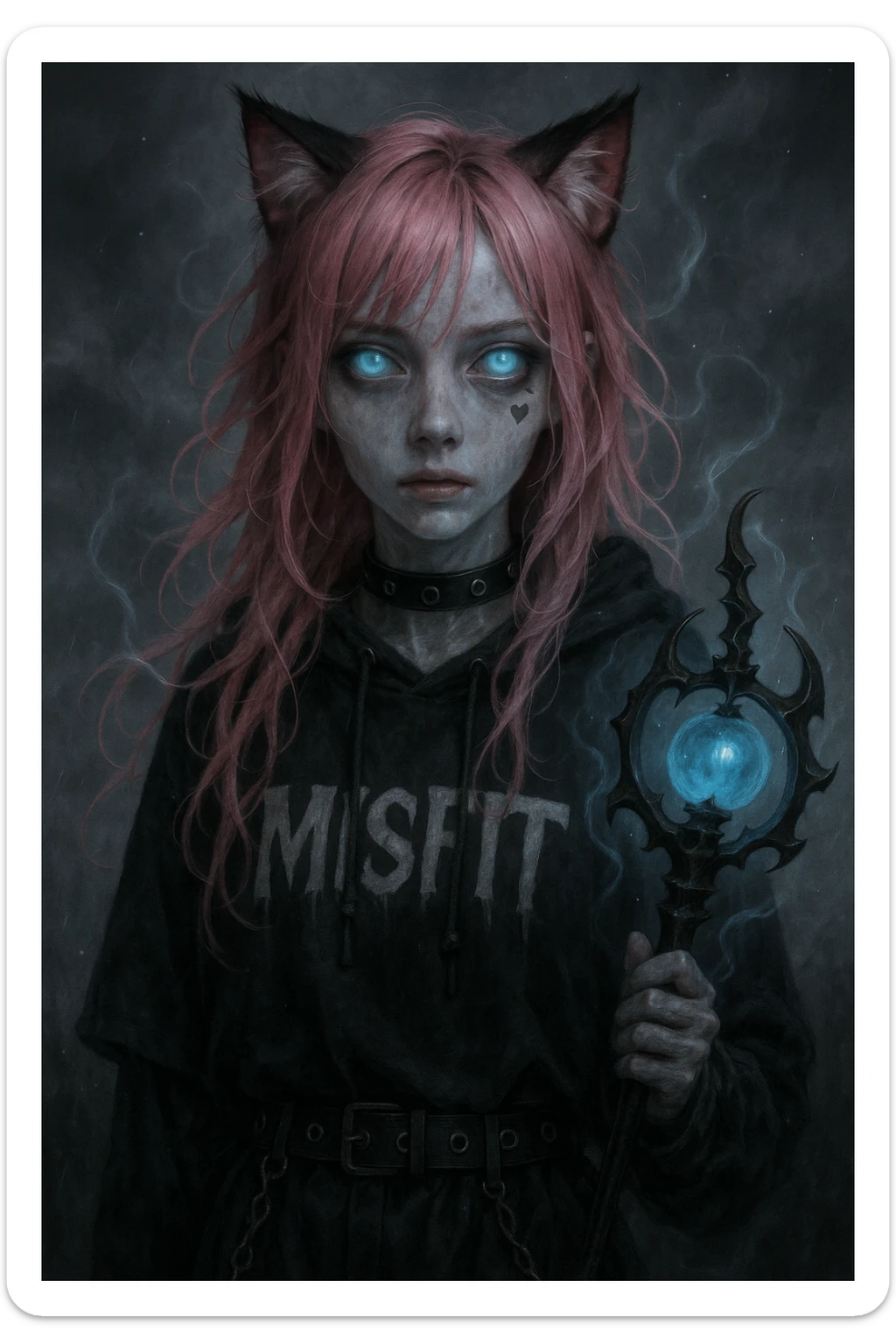 realistic anime catgirl with pink hair, emo streetwear, heart tattoo under left eye, dark magical accessory, sparkles, stormy background, ghostly horror look with translucent skin, glowing blue eyes, and ethereal wisps sticker