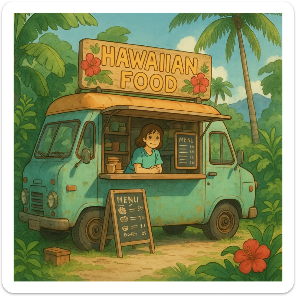 ghibli style Hawaiian food truck with lush greenery and island vibe sticker