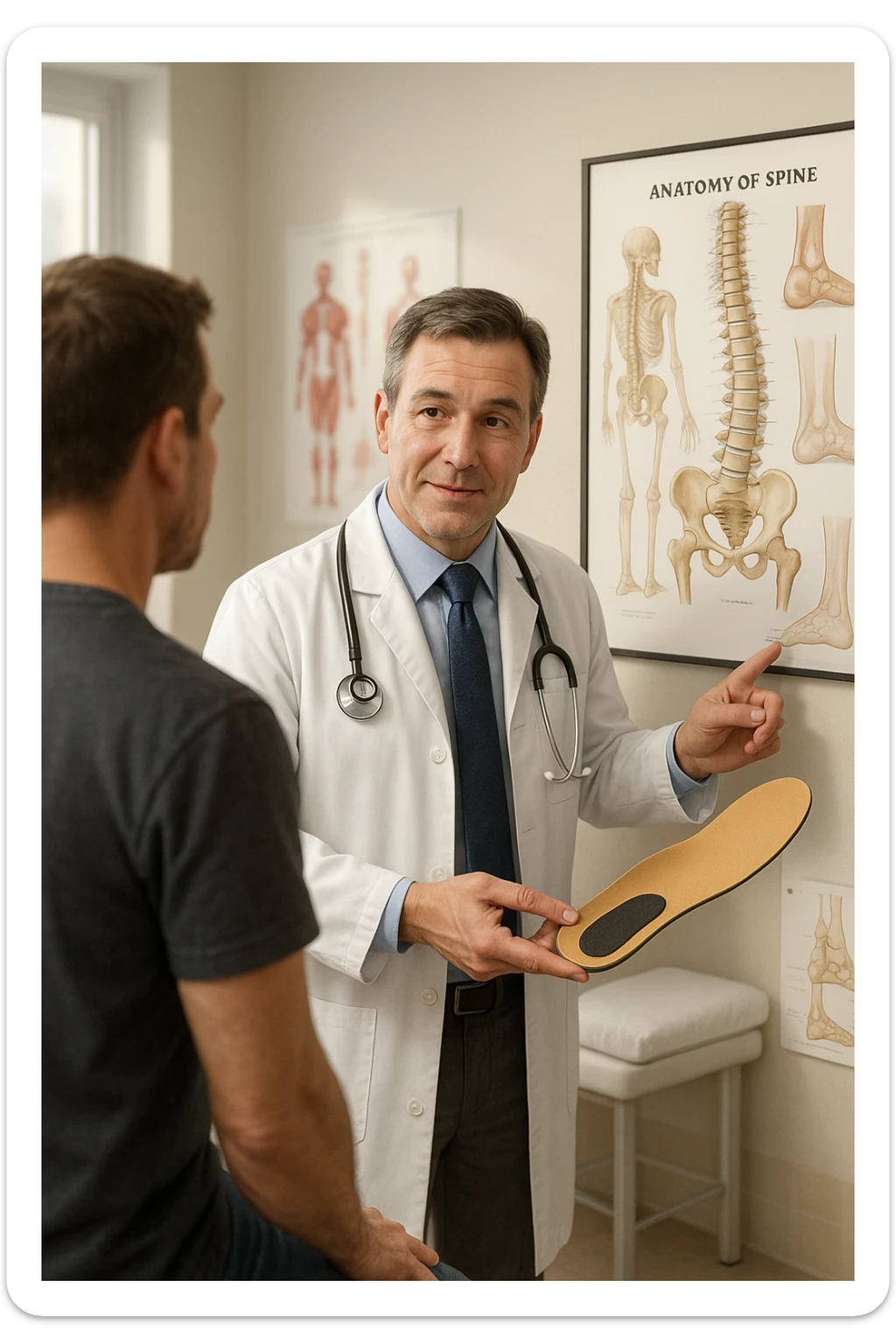 A realistic, cinematic illustration of a professional male doctor in his mid-40s, wearing a white coat, calmly explaining to a patient the benefits of using orthopedic insoles (plantari) for posture correction. The doctor holds a custom insole in his hand while pointing gently to a detailed anatomical poster showing the human spine, pelvis, and feet, illustrating the connection between foot alignment and posture. The setting is a bright, clean medical office with soft natural lighting, a treatment table, and educational anatomical charts in the background. The patient, seen from behind, listens attentively, while the doctor maintains a warm, knowledgeable expression, emphasizing preventive care and body alignment through plantar support. The scene feels trustworthy, modern, and health-focused. sticker
