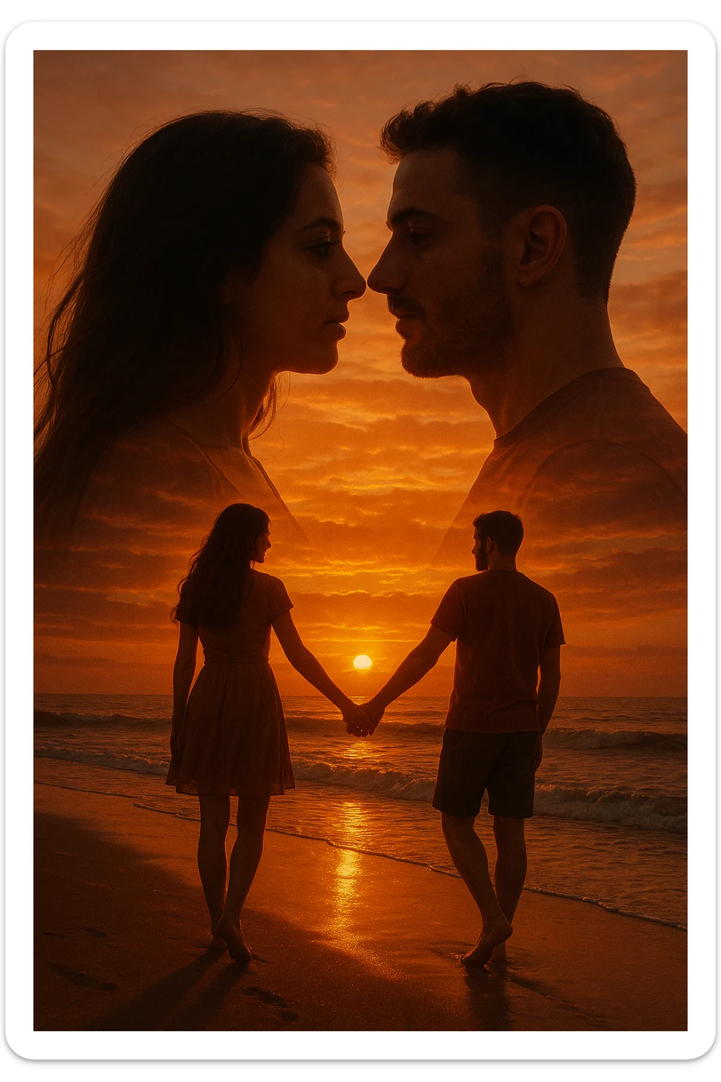 Una doppia esposizione cinematografica di noi di profilo, con un paesaggio di spiaggia al tramonto integrato nella silhouette.
La scena interna ci mostra entrambi camminare sulla sabbia bagnata, tenendoci per mano, con le onde del mare che si infrangono è facile e un cielo colorato dagli ultimi raggi di sole. Atmosfera calda e intima, toni dorati arancioni, dettagli fini ed espressivi, risoluzione 8K. sticker
