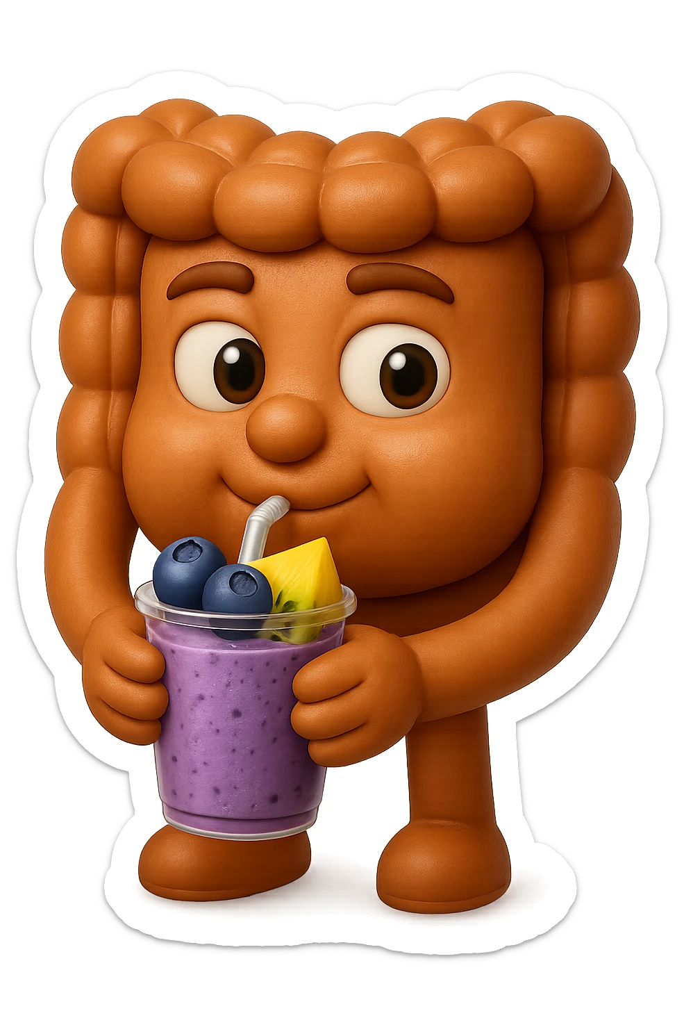 EMOJI STILE IPHONE DI un intestino umano anatomico che beve un frullato di mirtilli, ananas, kiwi, fagli anche la parte bianca degli occhi, non solo le pupille, REALISTICo 4K sticker