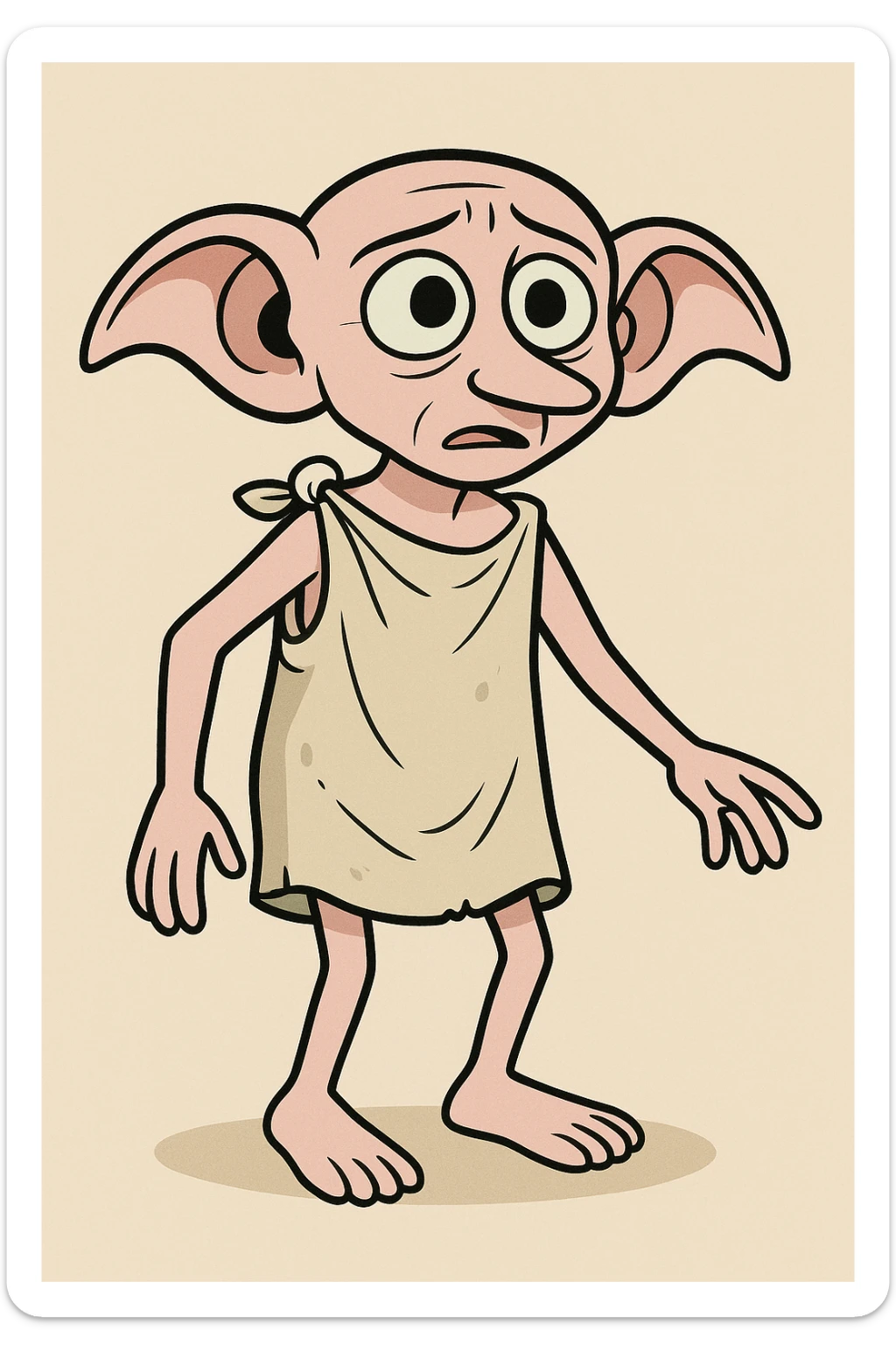 full body illustration of Dobby the house elf in cute, cartoon, simplified style with bold black lines and soft colors, small with large ears, expressive eyes, wearing old pillowcase sticker