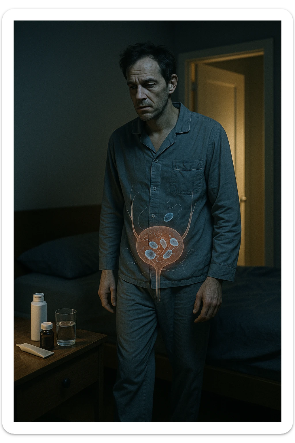A cinematic night scene showing a man in his late 30s walking stanco verso il bagno in penombra, con la luce fioca che filtra da sotto la porta. Indossa abiti da notte sgualciti, ha un’espressione stanca e il volto scavato dalla mancanza di sonno. Sul comodino accanto al letto ci sono creme mediche, integratori e un bicchiere d’acqua. Una leggera sovrapposizione simbolica mostra, in trasparenza sul corpo, un’area anatomica maschile con presenza di microrganismi parassitari (raffigurati in stile medico-scientifico, non grottesco). Il contrasto visivo fa capire che la causa della nicturia è interna e nascosta, non visibile all’occhio umano. Illuminazione fredda, stile 35mm con profondità emotiva e sottile tensione clinica. sticker