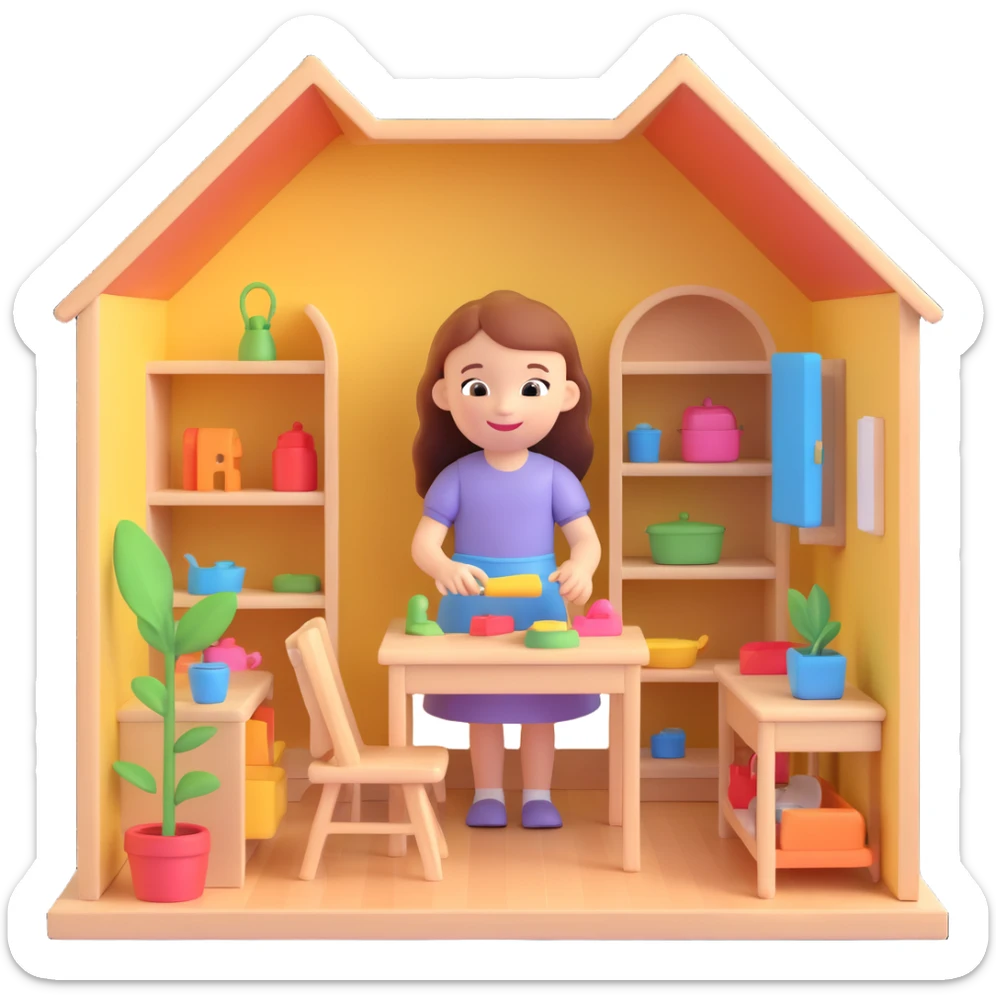 smiling girl arranging furniture in doll house sticker