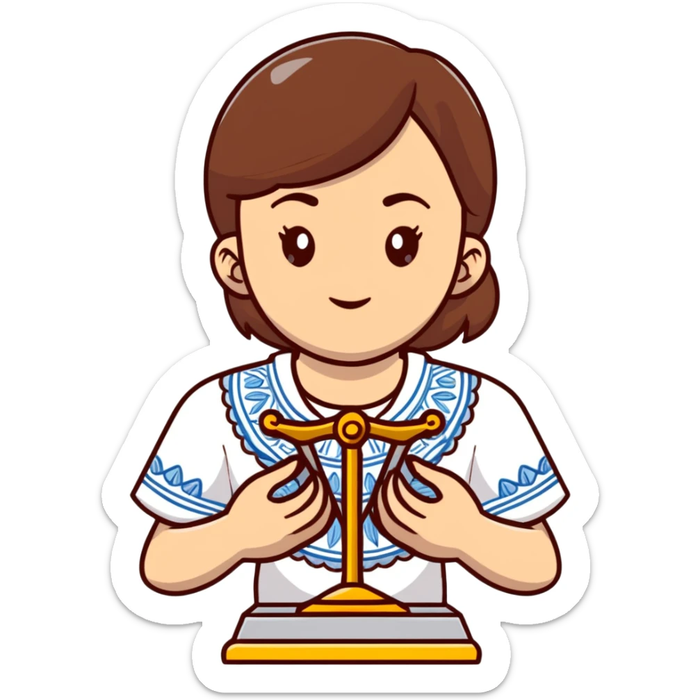 A Ukrainian girl with brown hair in an embroidered shirt holds the scales of truth in her hand sticker