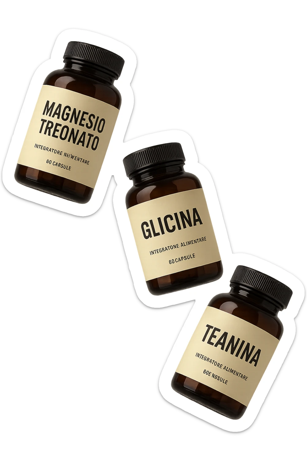 3 boccette di integratori: Magnesio Treonato, glicina, teanina in italiano, fluttuano in aria sticker