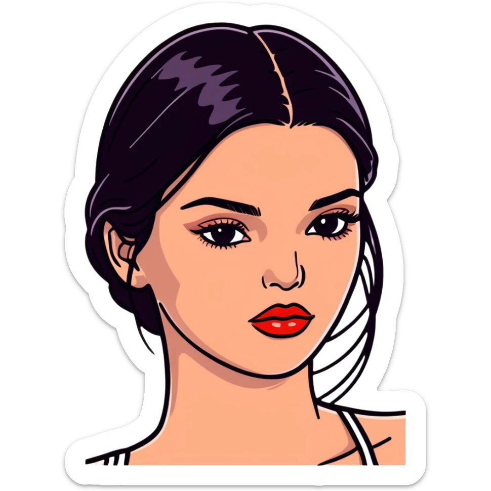 Kendall Jenner, fashion icon, elongated face, plump lips with glossy lipgloss shine sticker