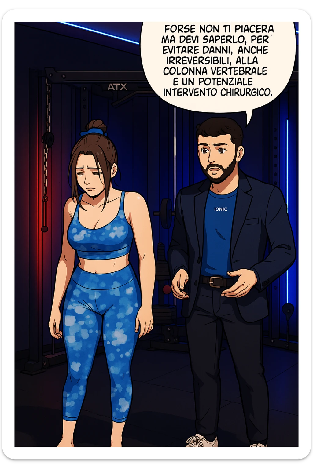 fai questa immagine in versione fumetto/manga/webtoon a colori, il manga mostra l'uomo che risponde alla donne:
Succede spesso purtroppo. 
Forse non ti piacerà ma devi saperlo, per evitare danni, anche irreversibili, alla colonna vertebrale e un potenziale intervento chirurgico. sticker